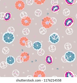 Fruit seamless pattern with orange, grapefruit and kiwi fruit. Fruit with ice. Cocktail pattern.