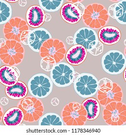Fruit seamless pattern with orange, grapefruit and kiwi fruit. Fruit with ice. Cocktail pattern.