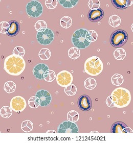 Fruit seamless pattern with orange, grapefruit and kiwi fruit. Fruit with ice. Cocktail pattern.