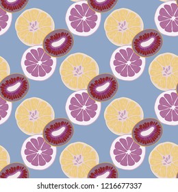 Fruit seamless pattern with orange, grapefruit and kiwi fruit.