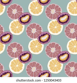 Fruit seamless pattern with orange, grapefruit and kiwi fruit.