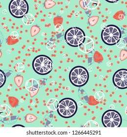 Fruit seamless pattern with orange and grapefruit. Fruit with ice. Cocktail pattern.