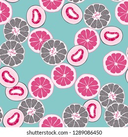 Fruit seamless pattern with orange, grapefruit and kiwi fruit.