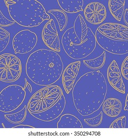 Fruit seamless pattern of orange lime slices. Hand drawn illustration. Pattern in retro style. Can be used for wallpaper, pattern fills, web page background, surface textures.