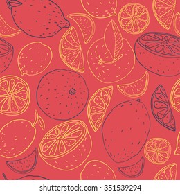 Fruit seamless pattern of orange lime slices. Hand drawn illustration. Pattern in retro style. Seamless pattern can be used for wallpaper, pattern fills, web page background, surface textures.