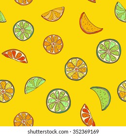 Fruit seamless pattern of orange lime slices. Hand drawn illustration. Pattern in retro style. Seamless pattern can be used for wallpaper, pattern fills, web page background, surface textures.