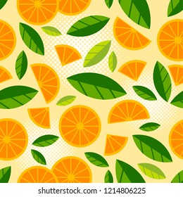 Fruit seamless pattern. Orange or mandarin juicy slice and piece of orange with leaves on light background.
Flat illustration.