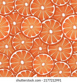 Fruit seamless pattern with orange round.Citrus pieces are arranged randomly in several layers.Colorful background and texture for printing on fabric and paper.Vector flat illustration. 