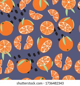 Fruit seamless pattern, oranges with leaves and abstract elements on purple background. Summer vibrant design. Exotic tropical fruit. Colorful vector illustration