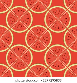 Fruit seamless pattern with an ornament of red sweet watermelon slices. Vector repeating background with ripe juicy watermelon quarters, suitable for Wallpaper, wrapping paper, fabric, summer design