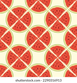 Fruit seamless pattern with an ornament of red sweet watermelon slices. Vector repeating background with ripe juicy watermelon quarters, suitable for Wallpaper, wrapping paper, fabric, summer design