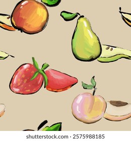 A fruit seamless pattern painted with oil texture on a brown background. Hand draw. Vector, isolated. Artistic, trendy and modern. A pear, apple, strawberry and a peach.