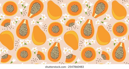 Fruto padrão sem emenda com mamão e flores em design plano. Ilustração de vetor simples.
