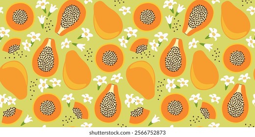 Fruit seamless pattern with papaya and flowers in flat design. Simple vector illustration.
