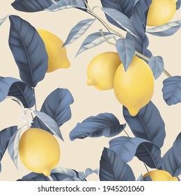 Fruit seamless pattern, pastel lemons and blue leaves on bright brown