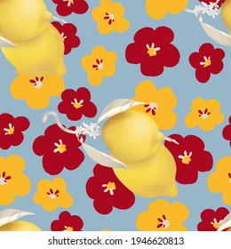 Fruit seamless pattern, pastel lemons and flowers on blue