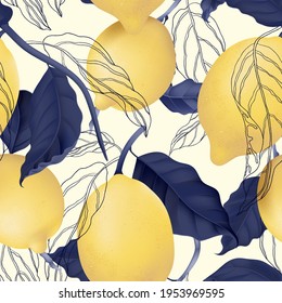 Fruit seamless pattern, pastel lemons and blue leaves on bright yellow