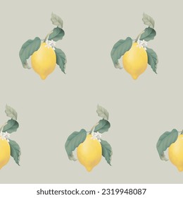 Fruit seamless pattern, pastel lemons and leaves on bright green