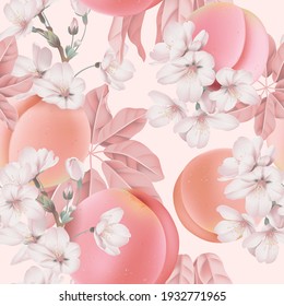 Fruit seamless pattern, pastel peaches and Somei Yoshino sakura on bright pink
