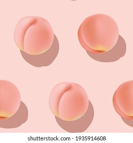 Fruit seamless pattern, pastel peaches with shadow on pink