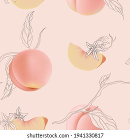 Fruit seamless pattern, peaches with flowers and leaves on bright pink