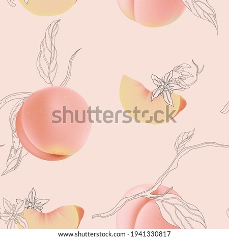 Fruit seamless pattern, peaches with flowers and leaves on bright pink