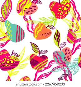 Fruit seamless pattern with pear and apple, leaves, leopard spots. Colorful repeat fruits print. Summer endless ornament.