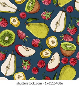 Fruit seamless pattern. Pears, bananas, apples, kiwi, raspberries. Cartoon style. Stock illustration. Design for wallpaper, fabric, textile, packaging.
