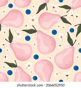 Fruit seamless pattern with pears and blossom. Girly pink background for textile, fabric, decorative paper. Cartoon vector illustration