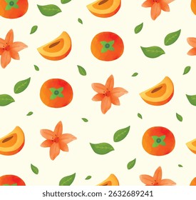 Fruit seamless pattern with persimmon and asiatic lilies flowers. Cute vector tropical illustration. Abstract summer background for graphic element, design, poster, wrapping paper