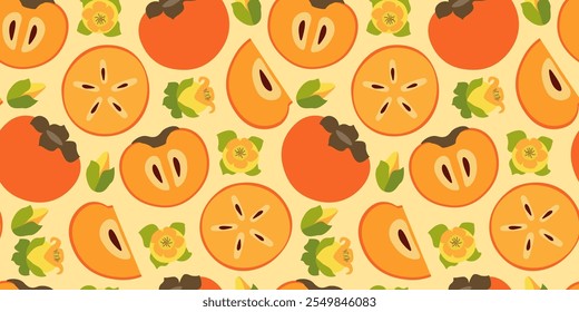 Fruchtnahtloses Muster mit Persimmon und Blumen. Tropische Vektorgrafik. Abstrakter Sommerhintergrund.
