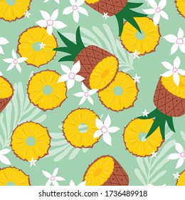 Fruit seamless pattern, pineapple with tropical leaves and flowers on green background. Summer vibrant design. Exotic tropical fruit. Colorful vector illustration