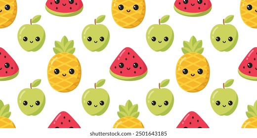 Fruit seamless pattern with pineapples, apples and watermelon pieces. Cute fruits with kawaii eyes on white background.