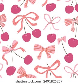 Patrón sin costuras de la fruta. Arcos y cerezas rosas sobre fondo blanco. Estampado de moda. Patrón festivo. Diseño para papel de embalaje, embalaje, tela, textil, decoración del hogar y regalos.