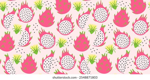 Fruit seamless pattern with pitahaya and flowers. Vector tropical illustration. Abstract summer background.
