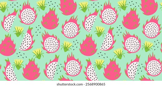 Fruit seamless pattern with pitahaya and flowers. Vector tropical illustration. Abstract summer background.
