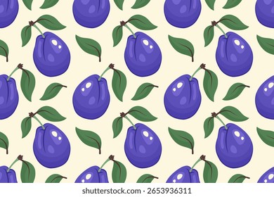Fruto Padrão sem emenda. Fundo de ameixa. Ameixas maduras inteiras com folhas. Textura repetível com vitamina suculenta fresca. Ilustração vetorial para impressão, papel de parede, têxtil, impressão, produto ecológico