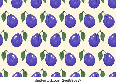 Fruto Padrão sem emenda. Fundo de ameixa. Ameixas maduras inteiras com folhas. Textura repetível com vitamina suculenta fresca. Ilustração vetorial para embalagem, impressão, alimento orgânico fresco, produto ecológico