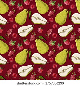 Fruit seamless pattern. Raspberry Berries. The pear is whole and cut into pieces. Cartoon style. Stock illustration. Design for wallpaper, fabric, textile, packaging.