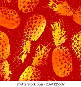 Fruit seamless pattern. Red pineapple background. Design summer prints. Repeating watercolor fruits texture. Reflection orange ananas patern. Spring backdrop. Freehand pineapple. Vector illustration