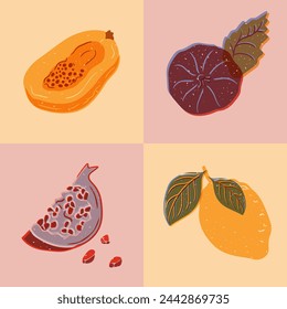 Fruit seamless pattern with risoprint imitation. Retro style. Healthy food concept. Different tropical fruits in contrast squares. Trendy print design for textile, wallpaper, wrapping