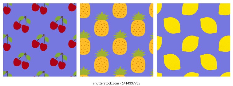 Fruit seamless pattern set. Cherry, pineapple and lemon. Fashion design. Food print for clothes, linens or curtain. Hand drawn vector sketch background collection