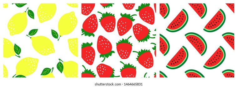 Fruit seamless pattern set. Fashion clothing design. Watermelon, strawberry, lemon. Food print for dress, skirt, linens or curtain. Hand drawn vector sketch background collection