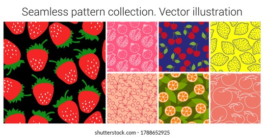 Fruit seamless pattern set. Fashion clothing design. Food print for dress. Strawberry, banana, cherry, orange, peach and lemon