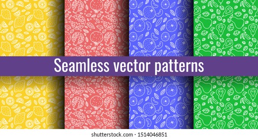 Fruit seamless pattern set. Lemon, pomegranate, orange, pear in outline style. Fashion print. Design elements for textiles or clothes. Hand drawn doodle cute wallpaper. Organic background