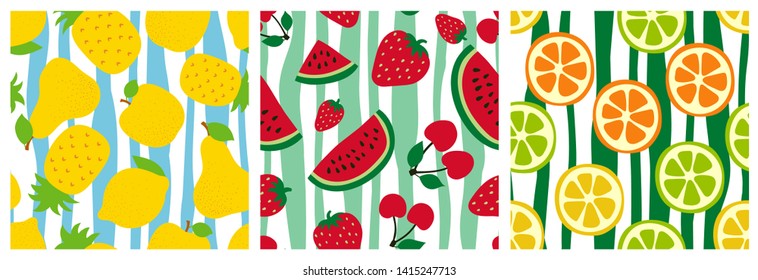 Fruit seamless pattern set. Pineapple, pear, apple, watermelon, cherry, strawberry, orange, lemon and lime. Fashion design. Food print for clothes, linens or curtain. Vector sketch. Exotic background