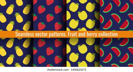 Fruit seamless pattern set. Pineapple, strawberry, apple and watermelon.  Food print for clothes or linens.  Fashion design. Beauty vector sketch background collection