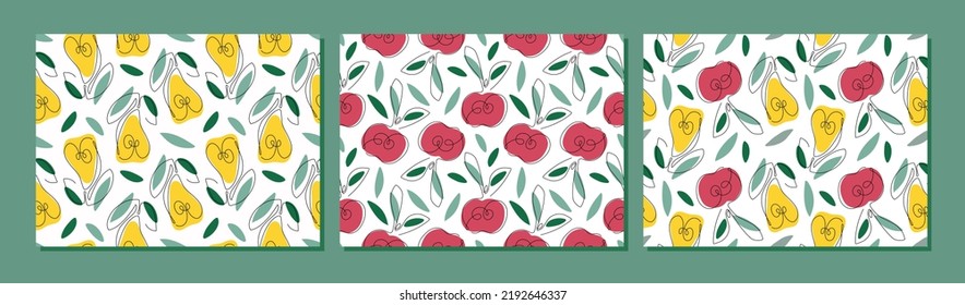 Fruit seamless pattern set. Three pattern. Continuous one line drawing apples and pears repeated backdrops. Food template backgrounds for textile, wrapping paper, wallpaper, cover design