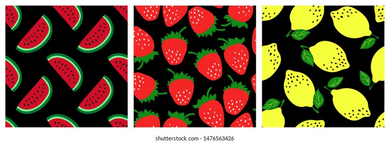 Fruit seamless pattern set. Watermelon, strawberry, lemon. Fashion clothing design. Food print for dress, skirt, linens or curtain. Hand drawn vector sketch background collection