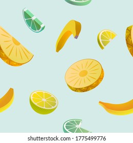 Fruit seamless pattern.  Sliced banana pineapple  and citrus. 